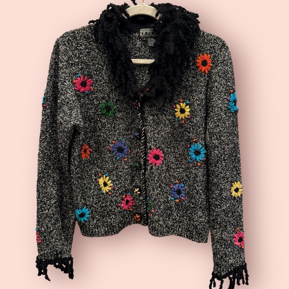 Vintage Novelty Print Fringed Floral Black Cardigan